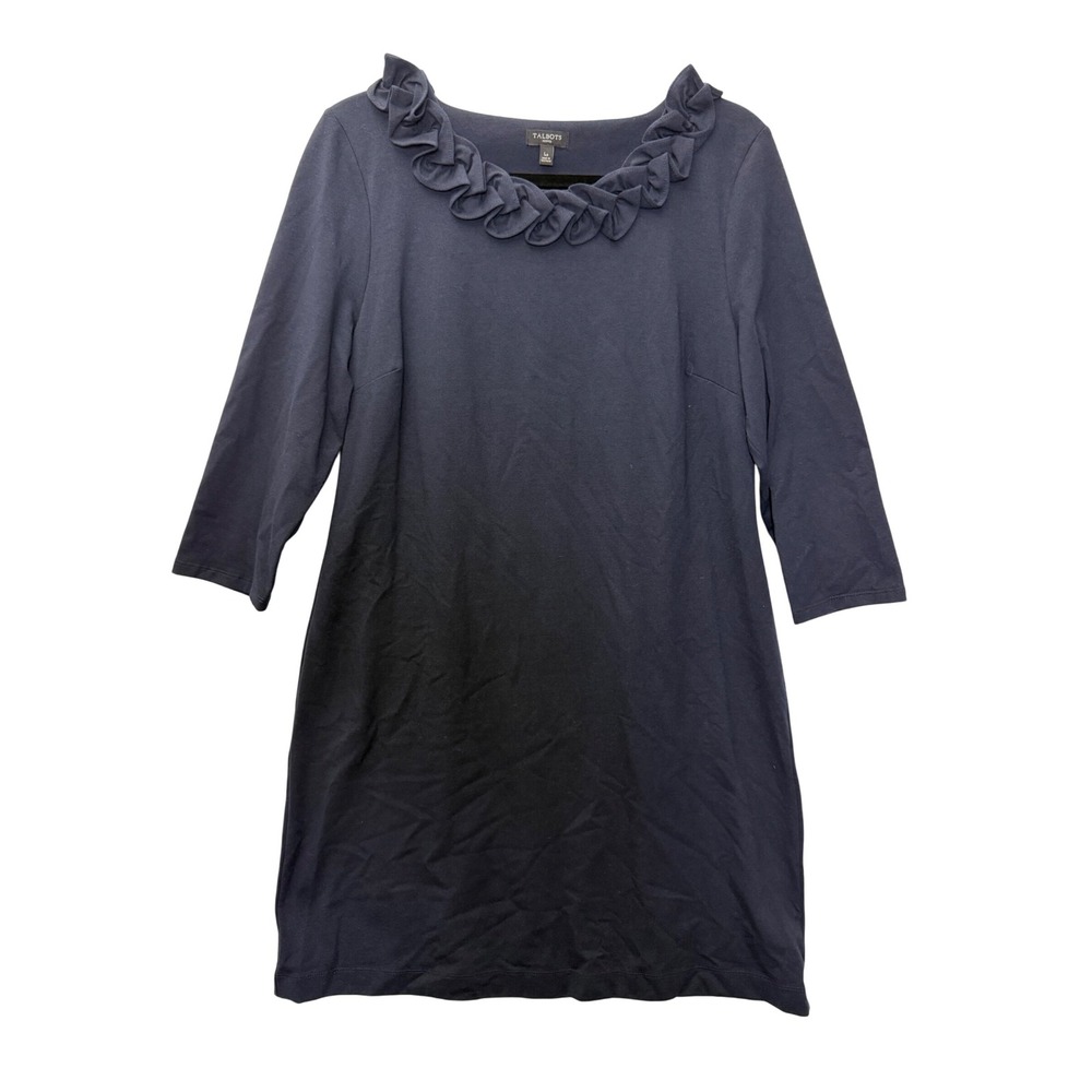 Talbots Petites Large Navy Blue Dress Ruffle Neck 3/4โ Sleeve Career Casual